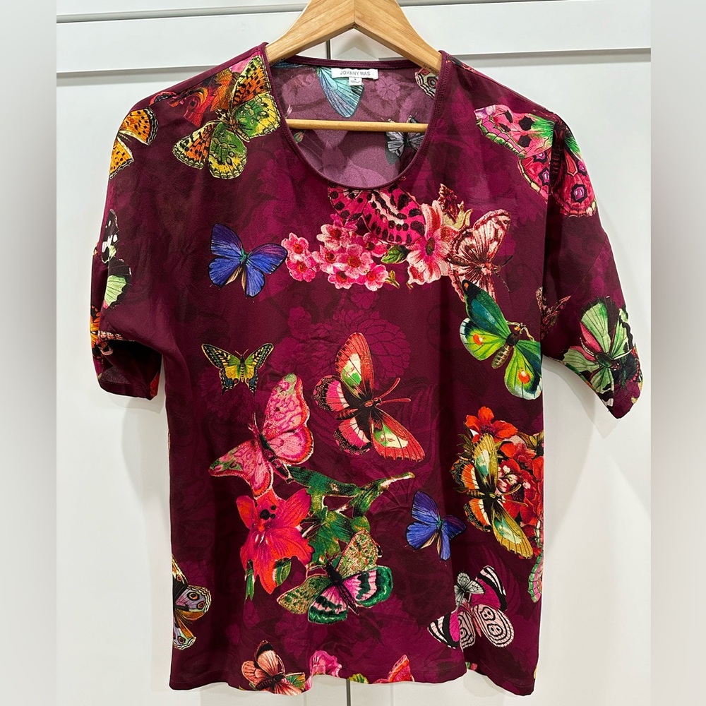 Johnny Was silk top size small. Butterfly design